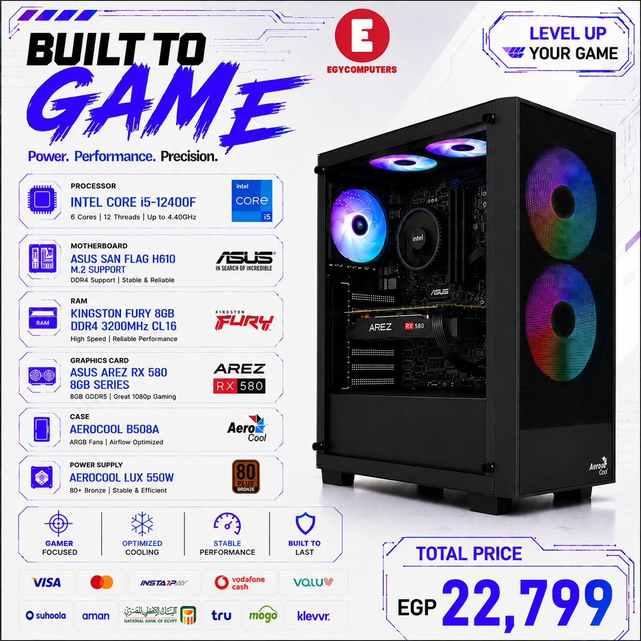 Intel i5-12400F Gaming PC (RX 580 8GB,8GB DDR4, SSD 128)