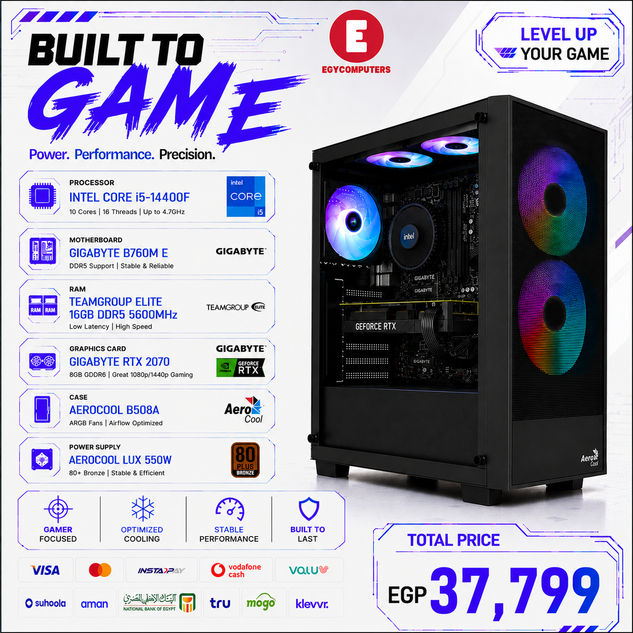 Intel i5-14400F Gaming PC (RX 2070 8GB,16GB DDR5 RAM, SSD 128)