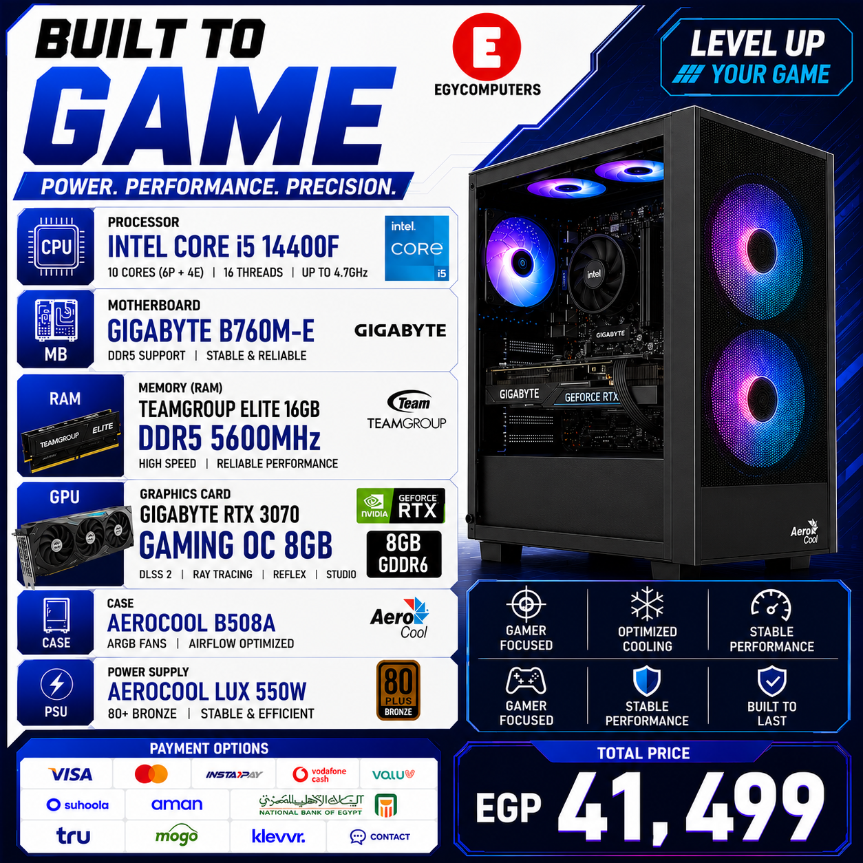 Intel i5-14400F Gaming PC (RX 3070 8GB,16GB DDR5 RAM, SSD 128)
